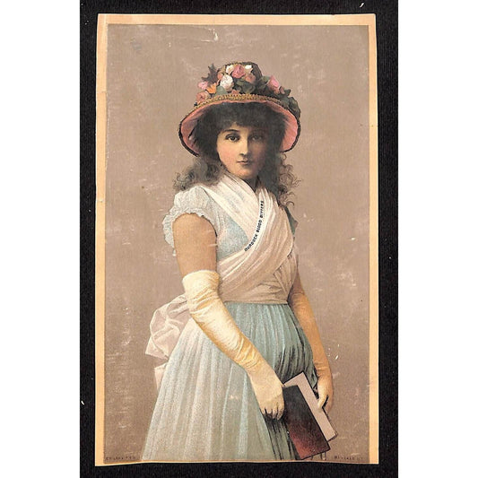 Demon Dyspepsia Burdock Blood Bitters Large Victorian Trade Card Girl w/Book Hat