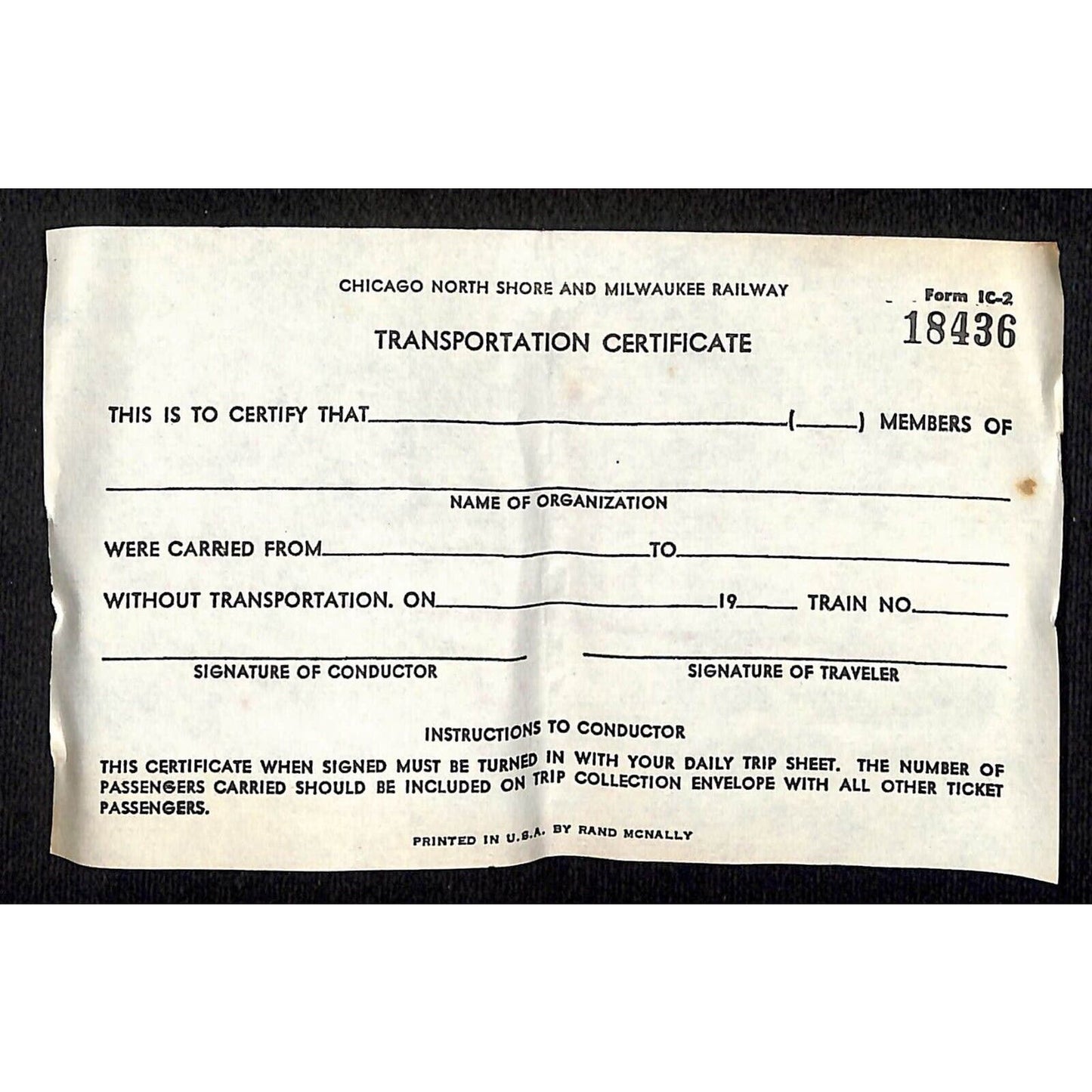 Chicago North Shore & Milwaukee Railway "Transportation Certificate" #18436