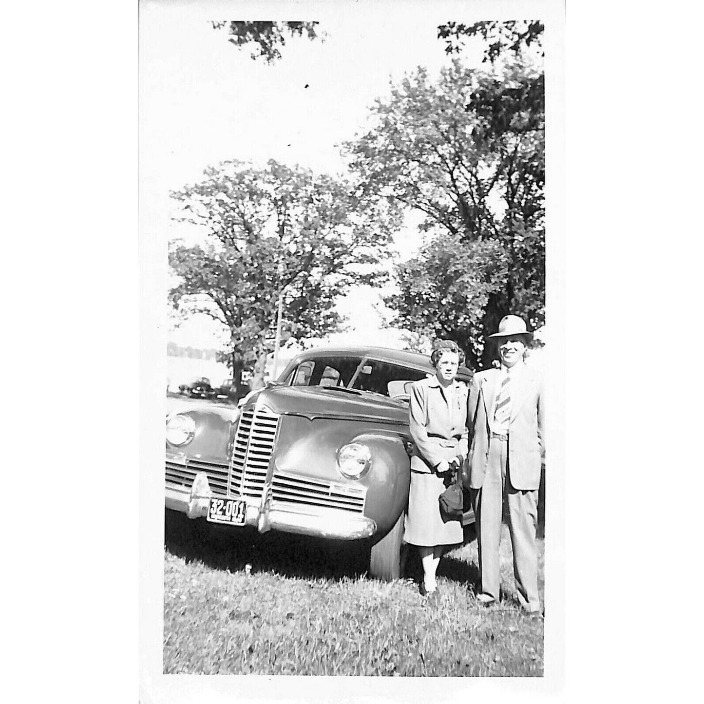 Original B&W Photo c1930's-40's Couple Pose w/ Automobile Near Trees
