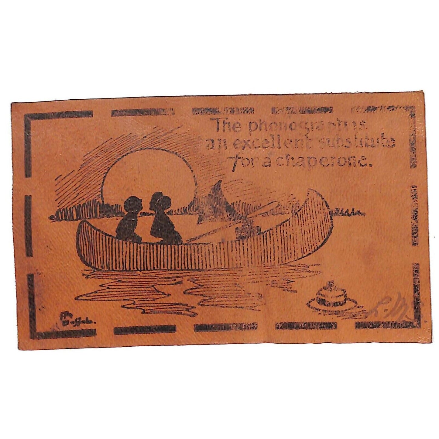 Funny Leather Postcard "?? for a Chaperone" Silhouette of a Couple in a Canoe