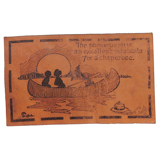 Funny Leather Postcard "?? for a Chaperone" Silhouette of a Couple in a Canoe