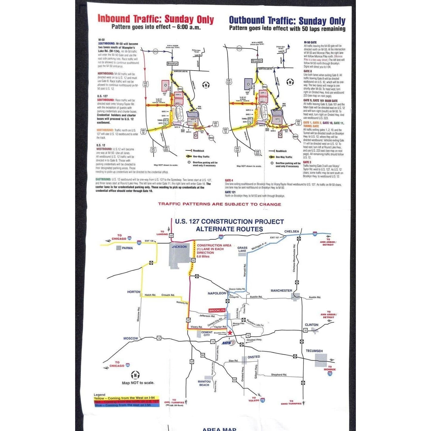 Michigan International Speedway 2002 Traffic Plan Sheet Map Indy 400 Schedule