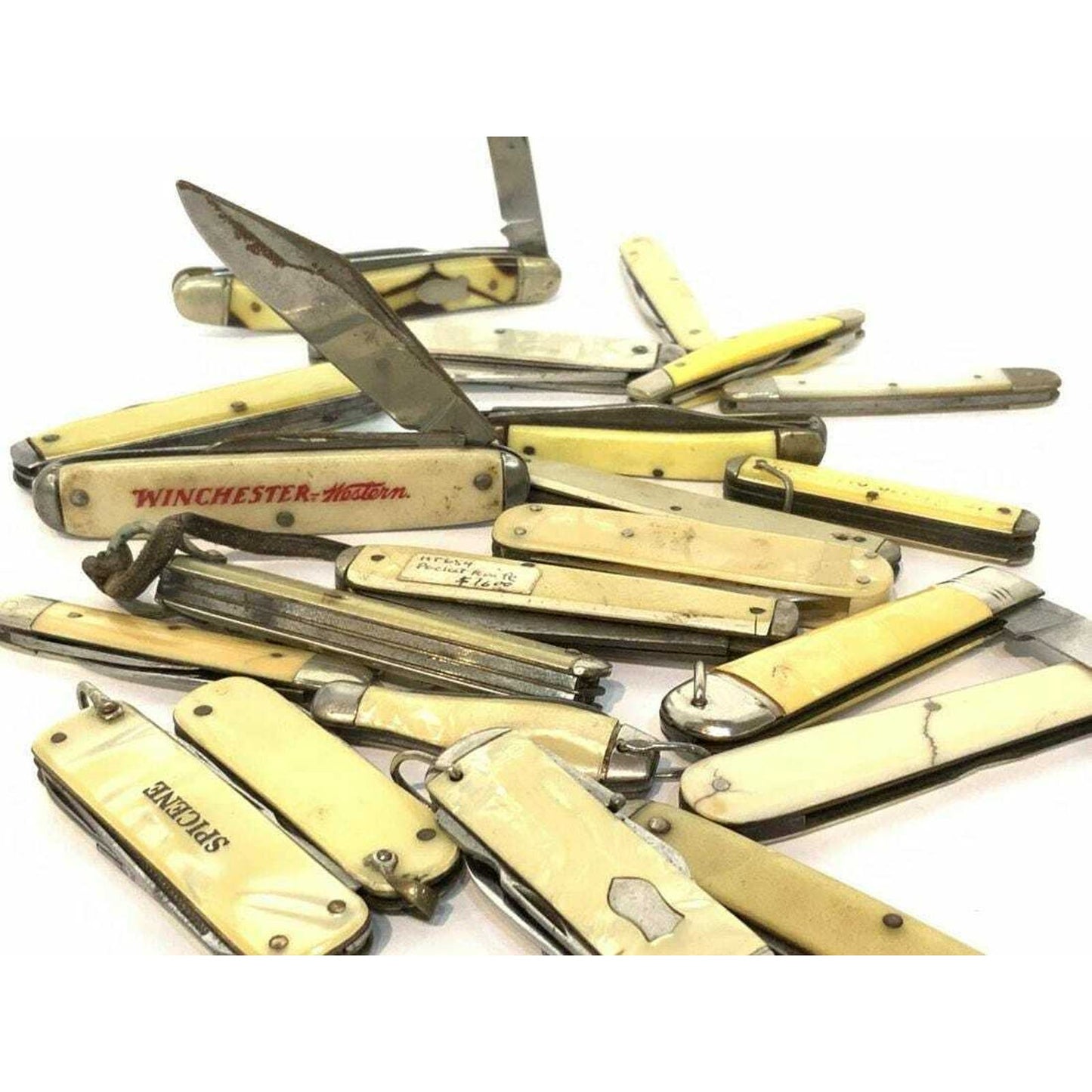 Group of 22 Different Quality Vintage Folding Knife / Knives Pearilized Handles