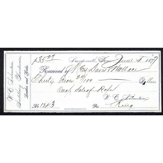 W. C. Lobenstein Saddlery Hardware Hides Leavenworth, KS Bank Receipt Check 1877