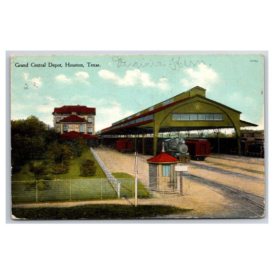 Grand Central Depot Houston Texas 1909 Postcard Railroad w/ Houston Postmark