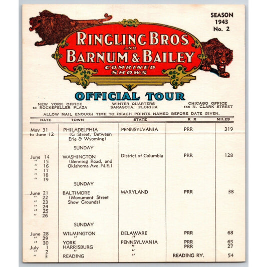 1943 Ringling Bros Barnum & Bailey Circus Route Card Philadelphia Washington DC