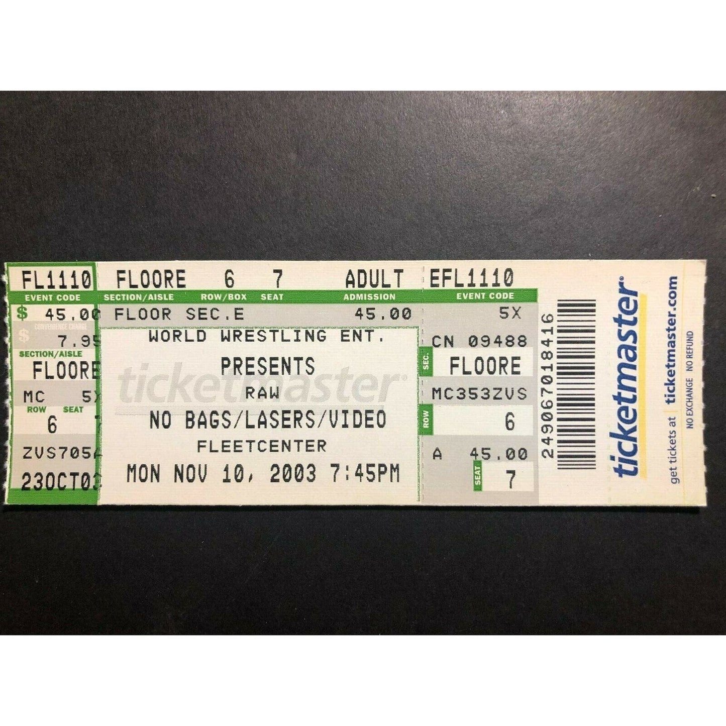 WWE Monday Night Raw Ticket - Fleetcenter Boston, MA Unused 11/10/03