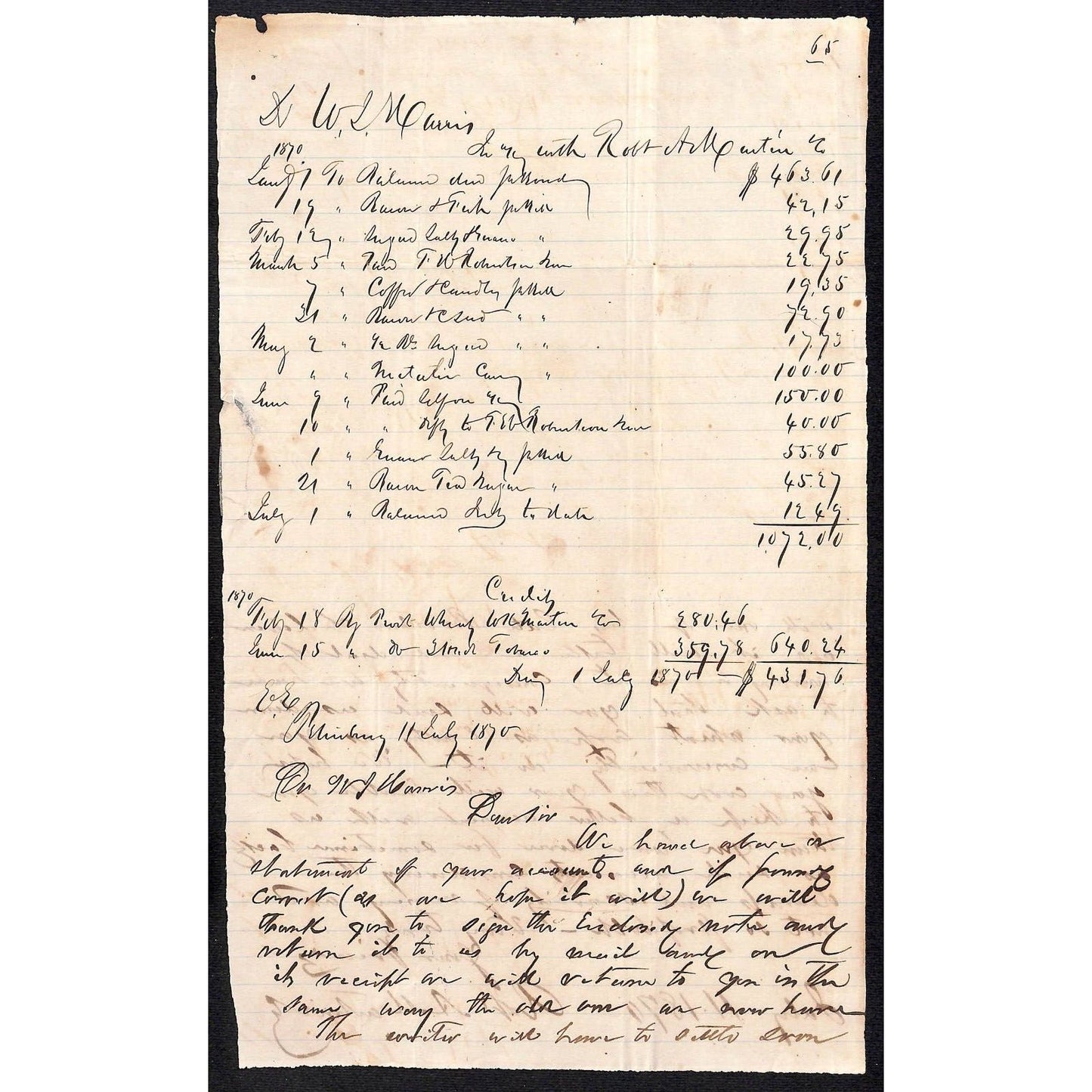 1870 Hand Written Goods / Services ? Billhead / Statement Alexandria, VA Area*