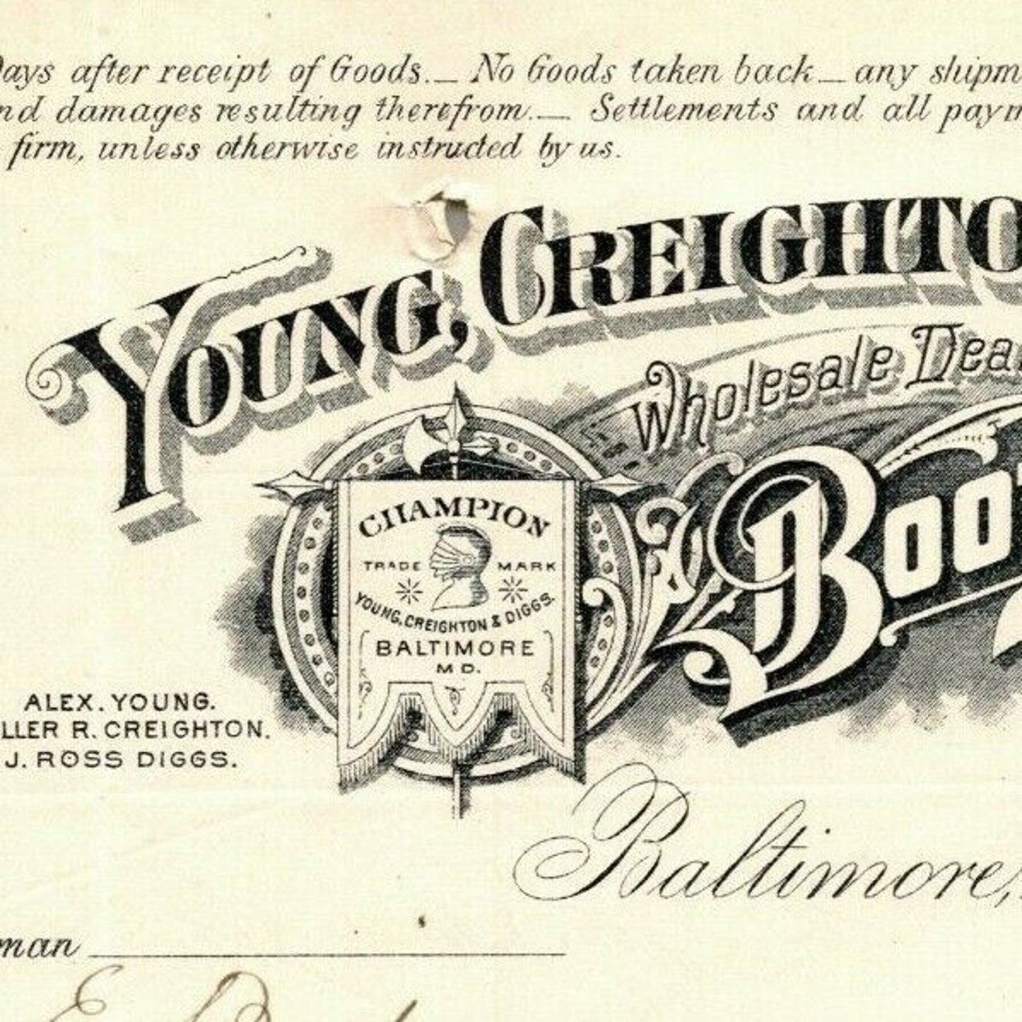 1896 Letterhead Young, Creighton & Diggs Boots Shoes Baltimore - Ephraim Baker*