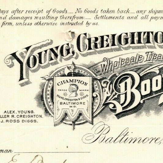 1896 Letterhead Young, Creighton & Diggs Boots Shoes Baltimore - Ephraim Baker*
