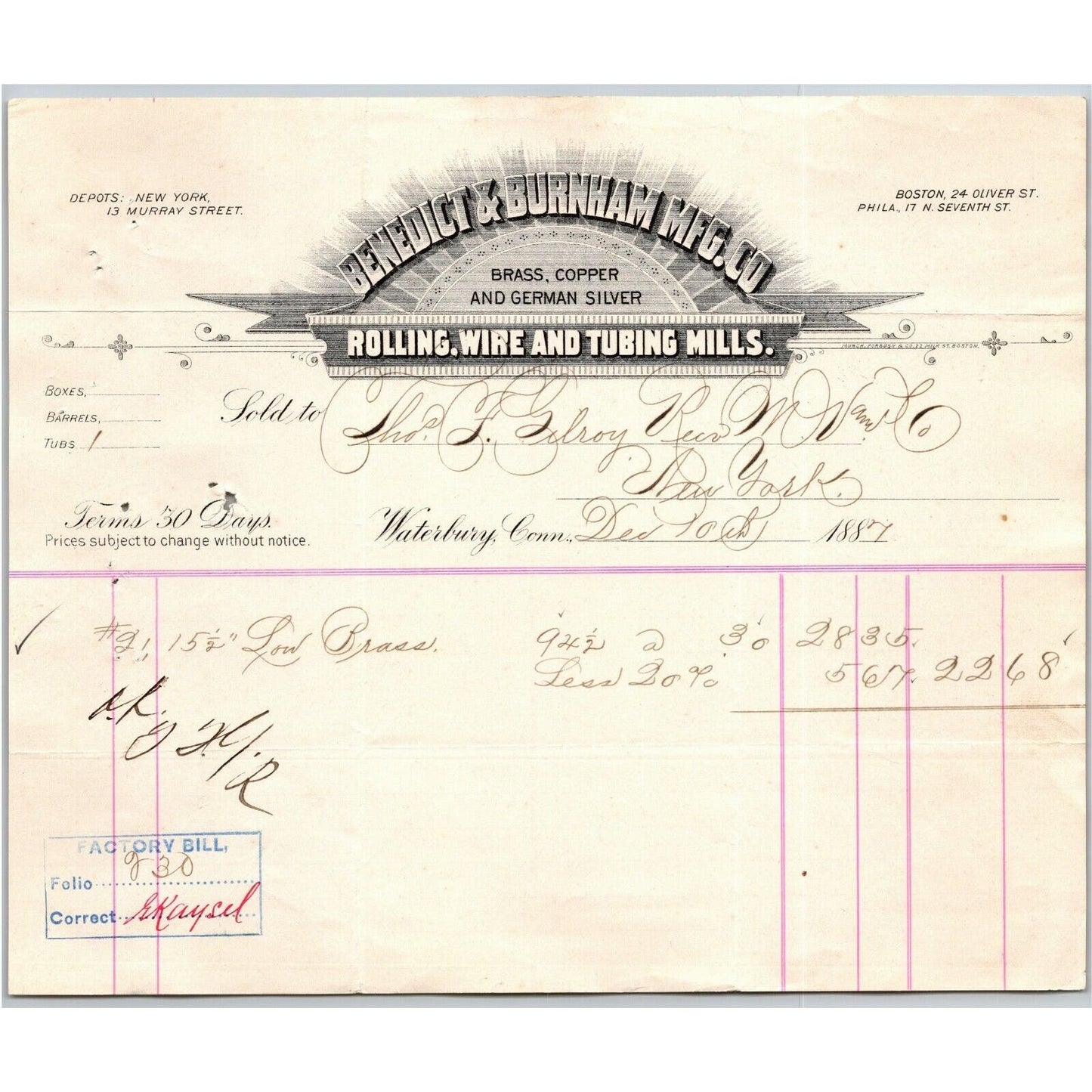 1887 "Benedict & Burnham Mfg. Co" Brass Copper Billhead Letterhead Waterbury CT