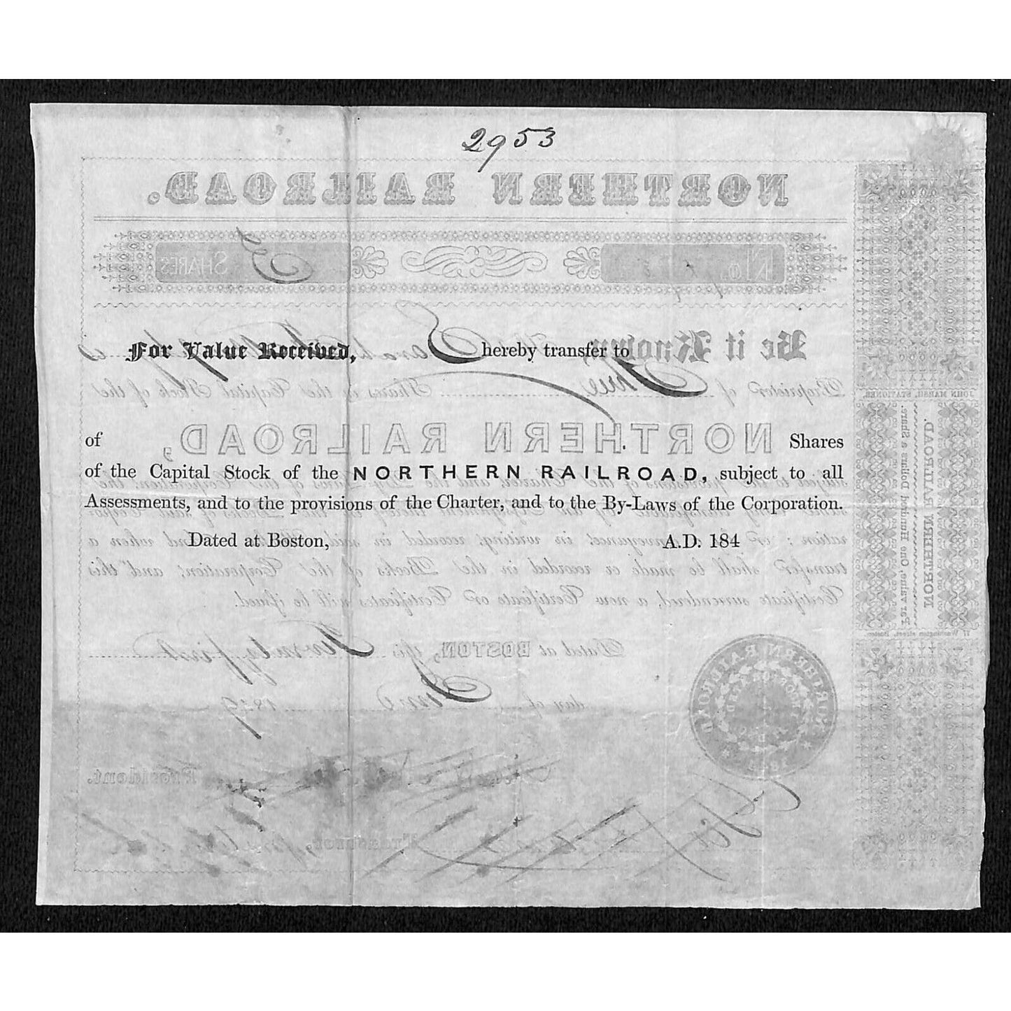 1849 Northern Railroad Stock Certificate & Affixed 1850 Power of Attorney Letter