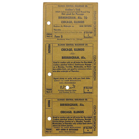 Illinois Central Railroad Unnumbered SAMPLE R/T Excursion Ticket Birmingham, ALA