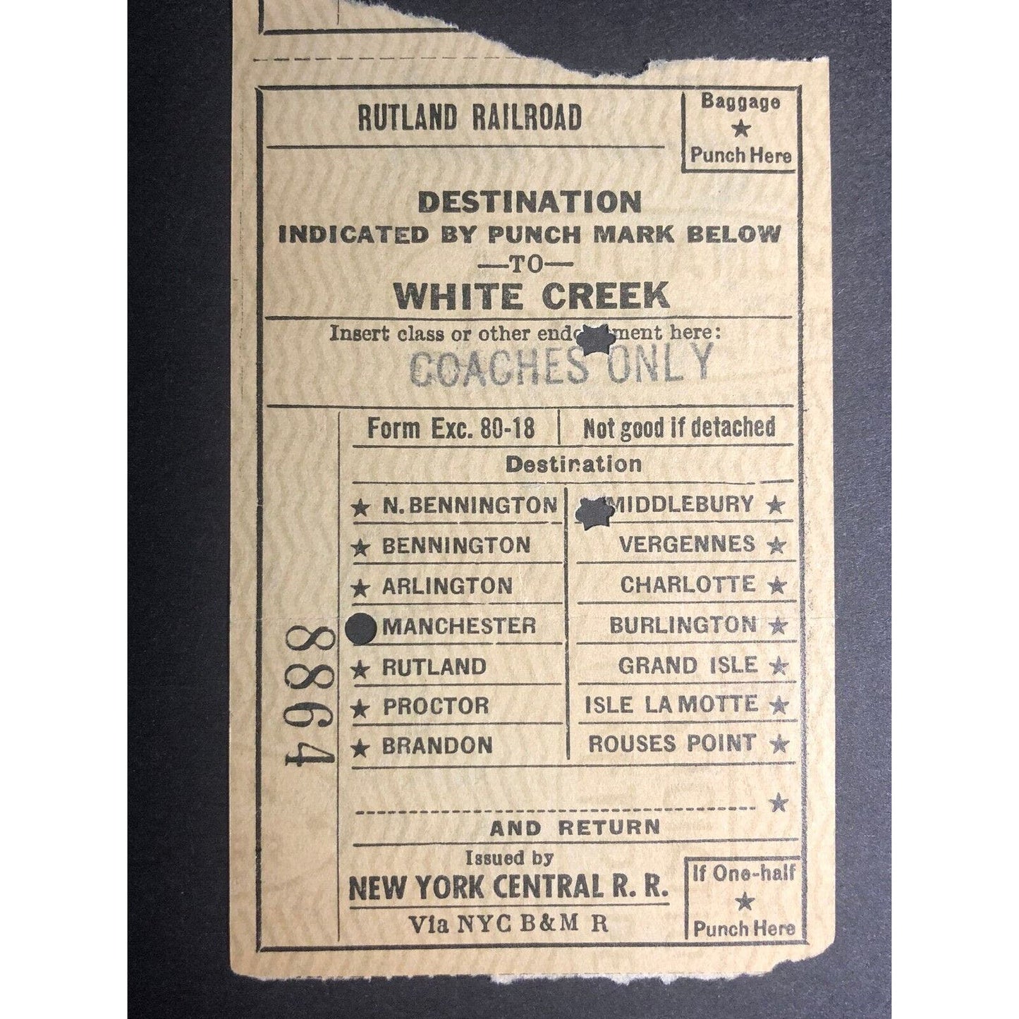 1953 Rutland Railroad / NY Central RR "to White Creek" Check / Ticket #8864