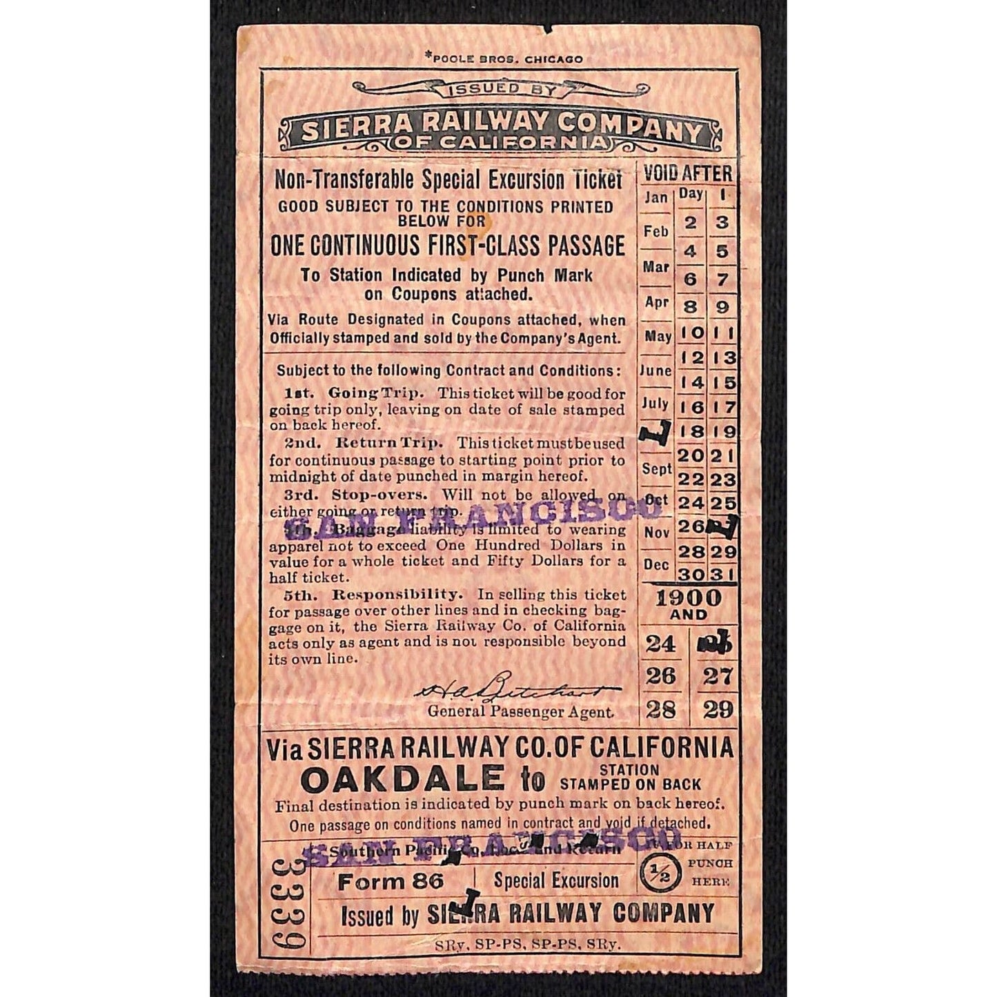 1925 Sierra Railway Company of California First Class Ticket San Francisco