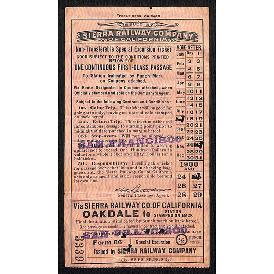 1925 Sierra Railway Company of California First Class Ticket San Francisco