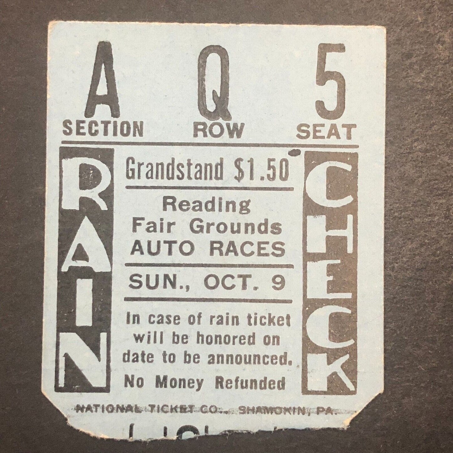 Reading Fair Speedway 10/9 1955 Auto Racing Rain Check Ticket Stub Sachs