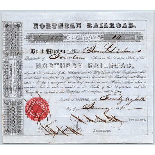 1850 Boston, MA Northern Railroad Stock Certificate No. 7557 for 14 Shares