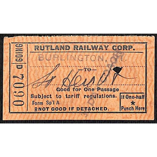 c1955 Rutland Railway Ticket Burlington #7090