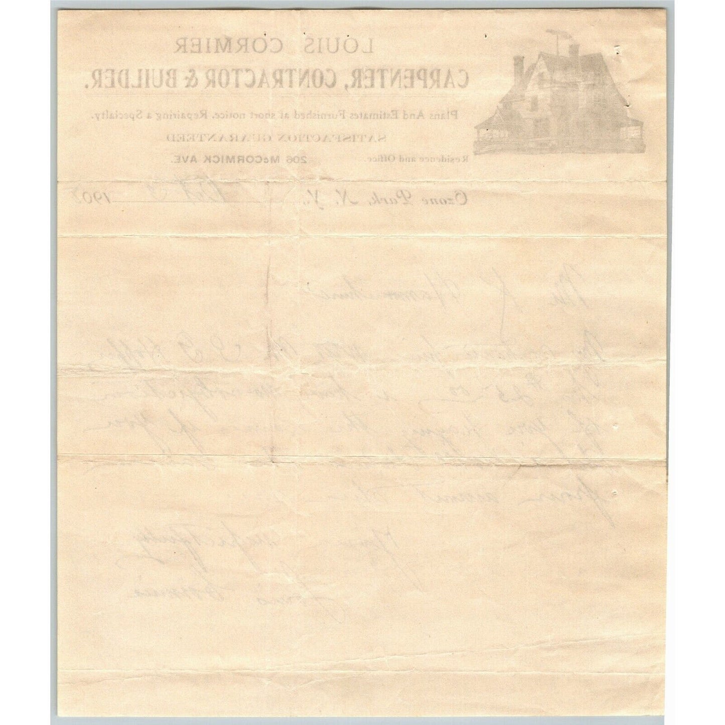 Louis Cormier 1908 Letterhead Ozone Park, NY Carpenter Contractor Builder