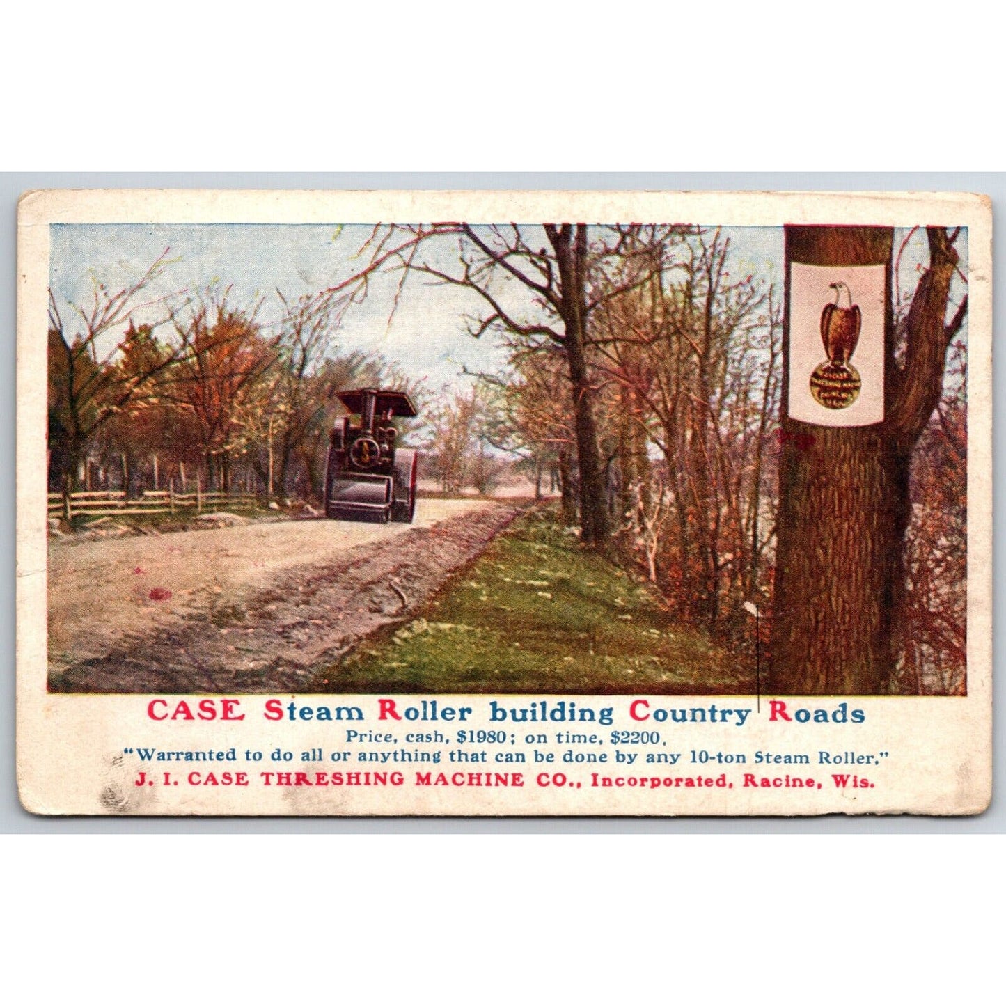 Case Threshing Machine Co. Steam Roller Road Advertising Postcard c1910's VGC