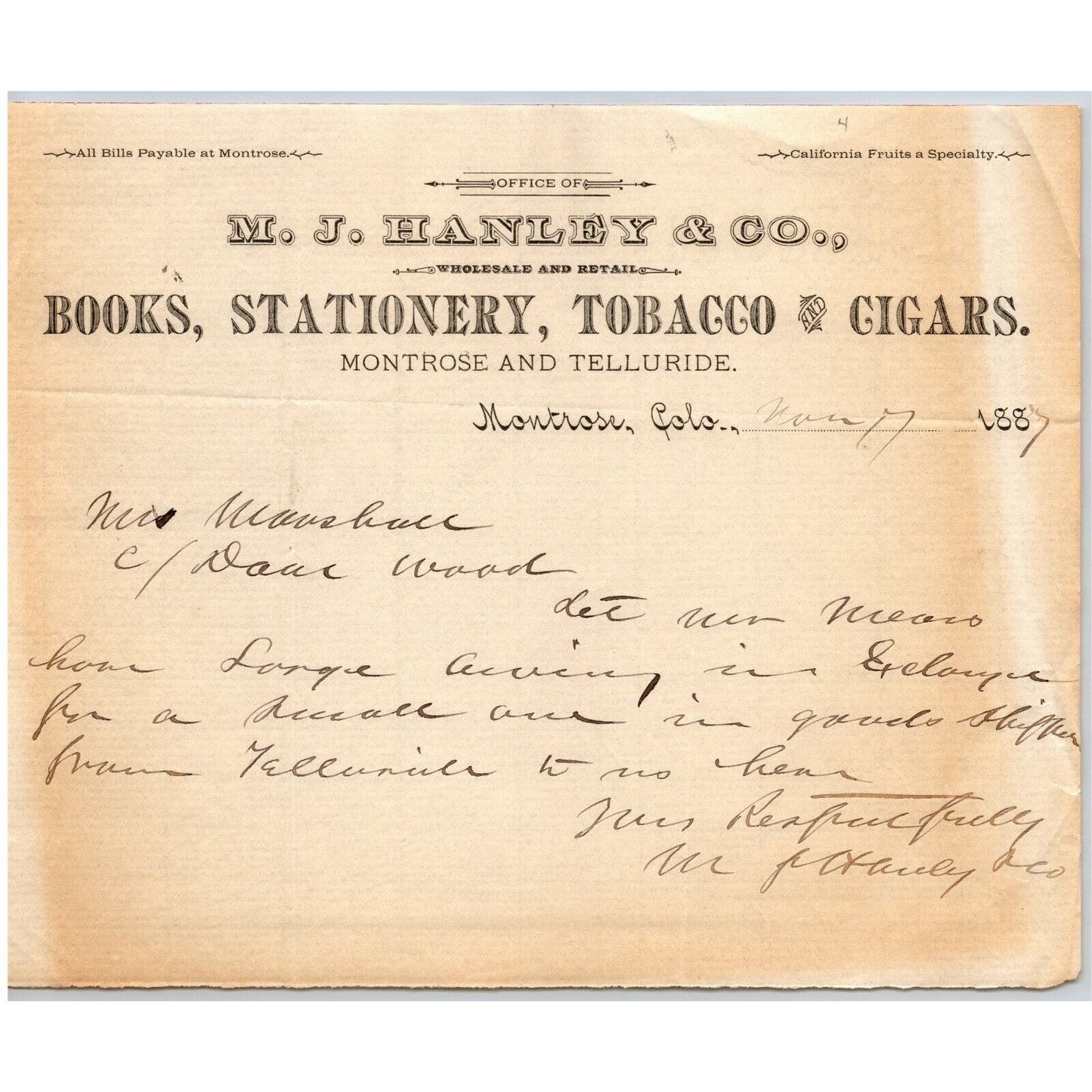 1887 Montrose, CO M.J. Hanley & Co. Books Stationary Tobacco Cigars Letterhead