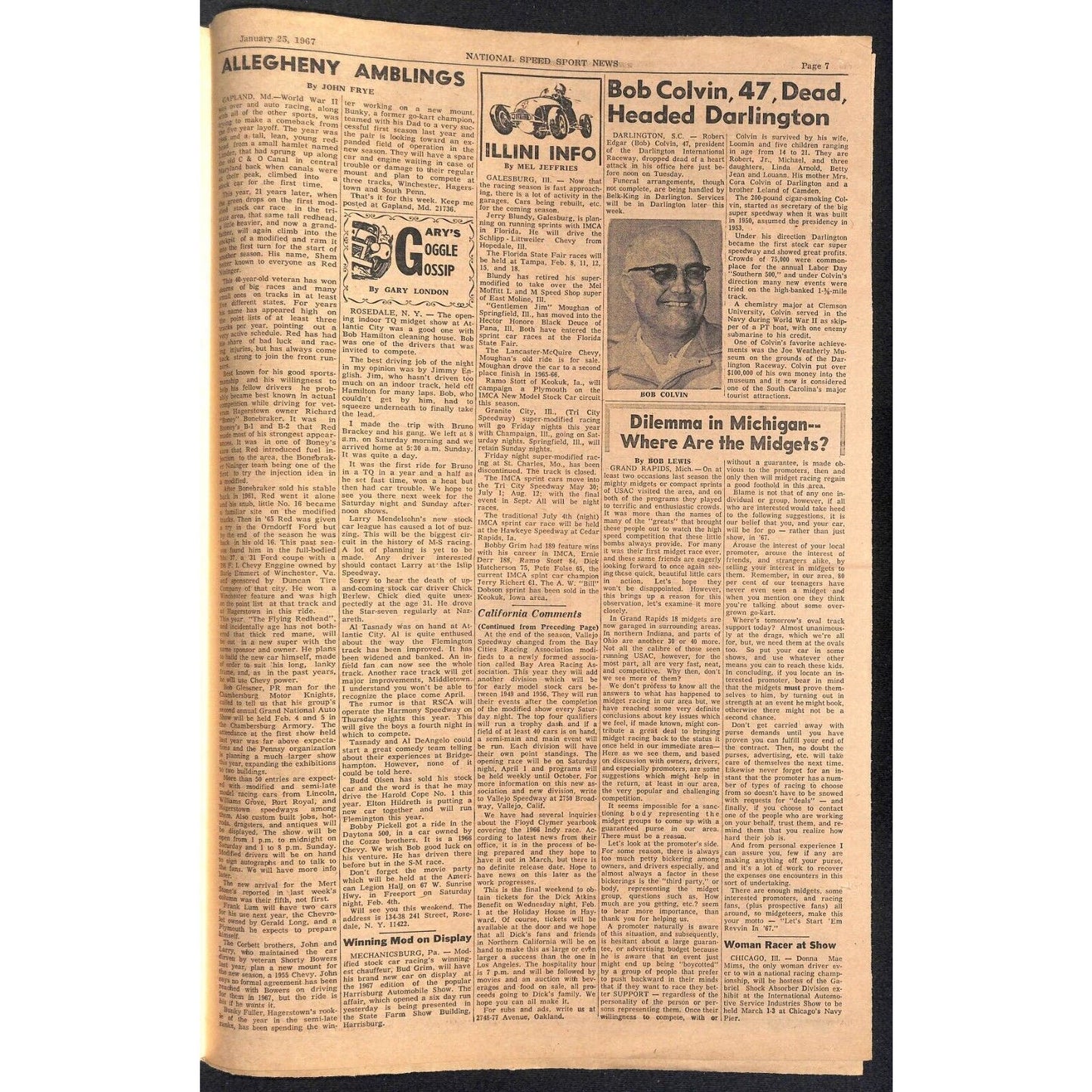 National Speed Sport News 1/25 1967 Reutimann Alderman Racing 15pp