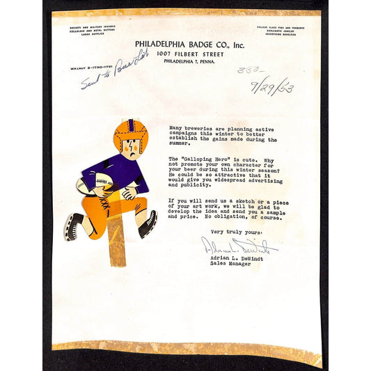 1953 Football "Galloping Hero" Beer Die Cut on Catalog Salesman's Sample Sheet