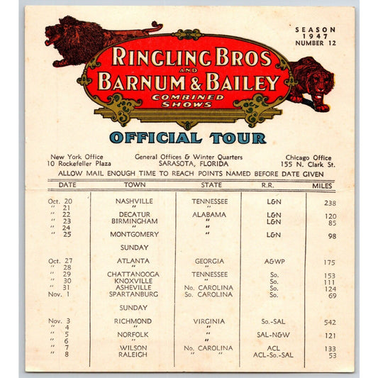 1947 Ringling Bros Barnum Bailey Circus Route Card Nashville Atlanta Knoxville
