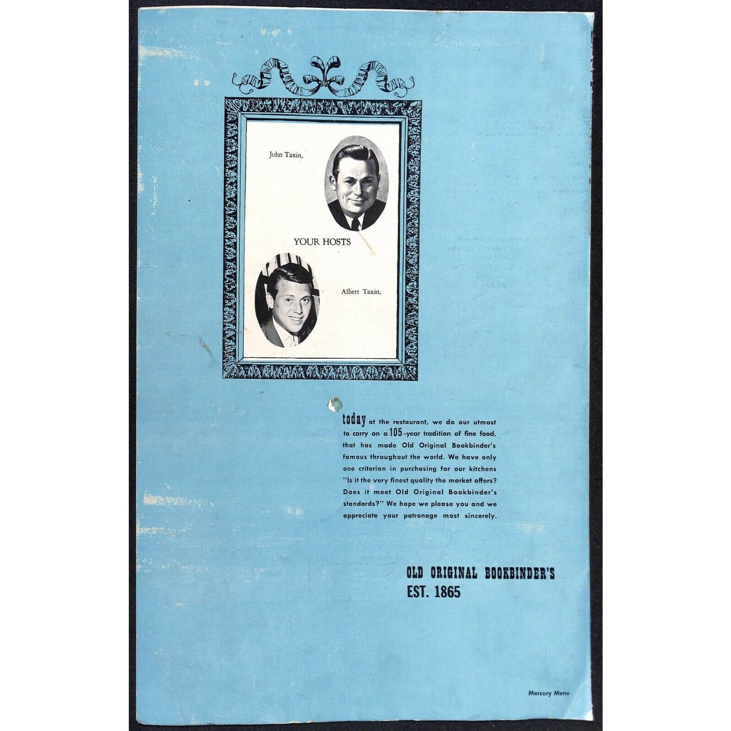 Bookbinder's Menu 1970 Large Restaurant Philadelphia Horse & Carriage Cover