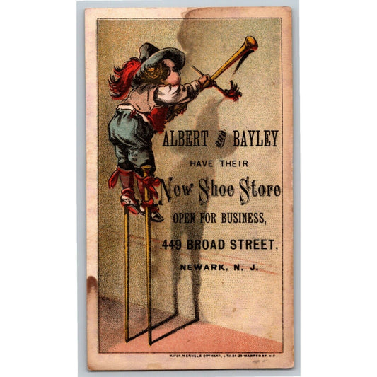 Albert and Bayley Shoe Store Newark, NJ Victorian Trade Card Boy on Stilts Paint