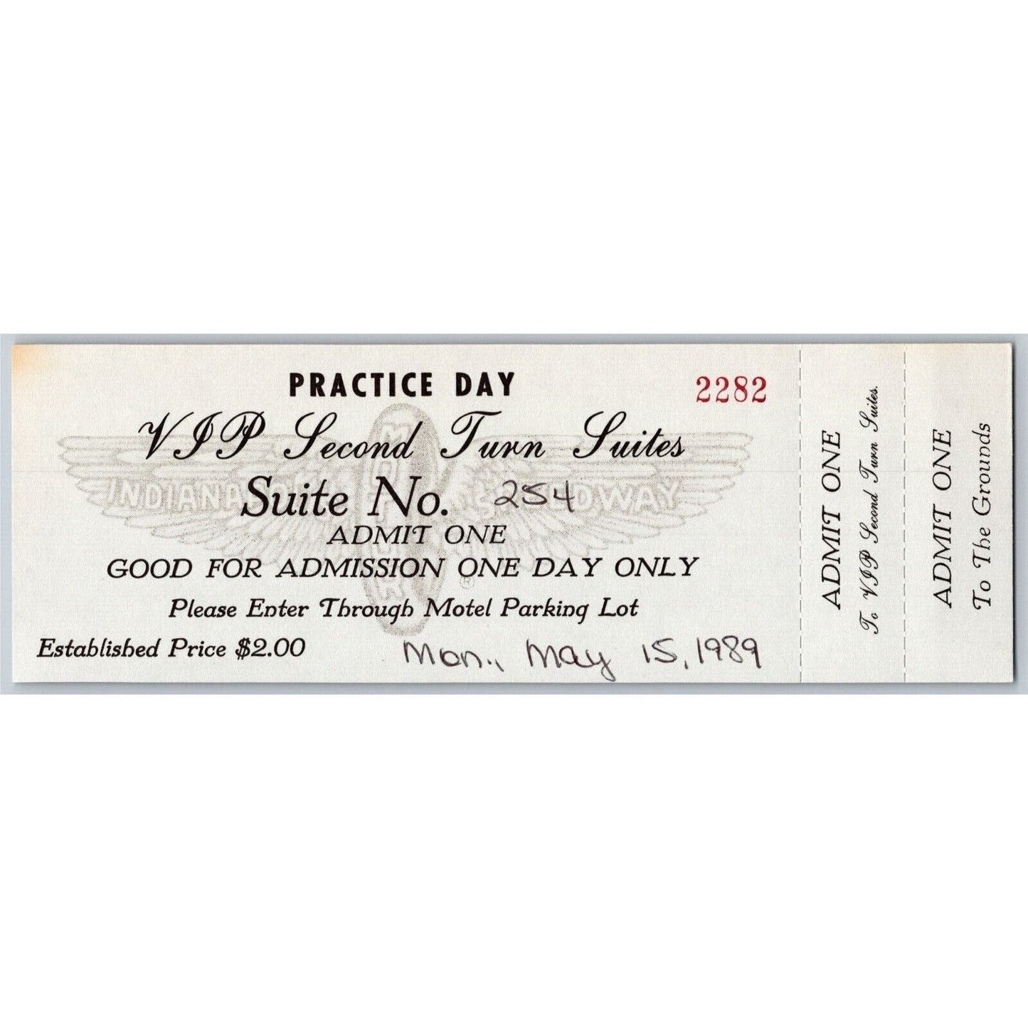 1989 Indy 500 VIP 2nd Turn Suites Practice Day Unused Ticket Indianapolis #2282