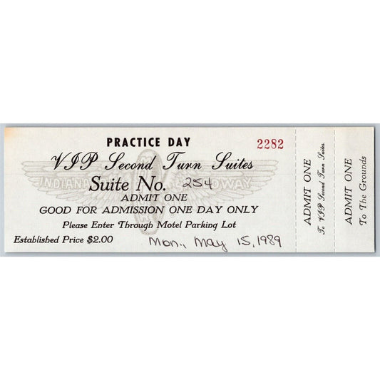 1989 Indy 500 VIP 2nd Turn Suites Practice Day Unused Ticket Indianapolis #2282