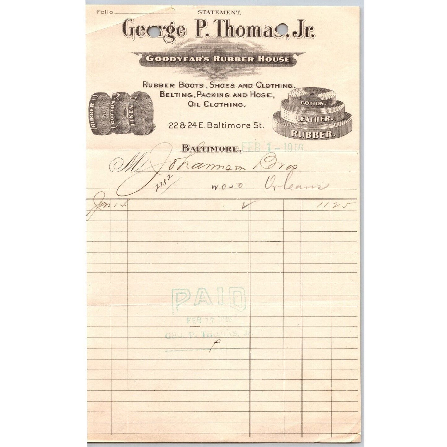 Baltimore, MD George P. Thomas Jr. "Goodyear Rubber House" 1916 Billhead VGC