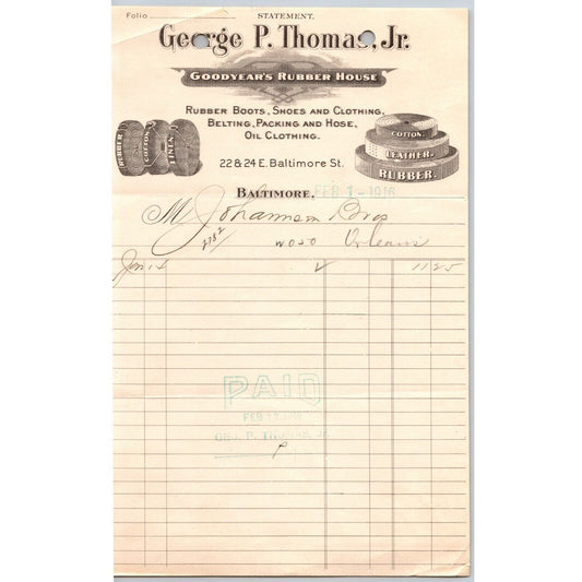 Baltimore, MD George P. Thomas Jr. "Goodyear Rubber House" 1916 Billhead VGC