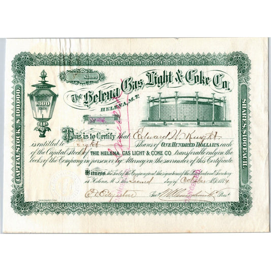 Helena Gas Light & Coke Co. Montana 1884 Stock Certificate 8 Shares Cert #26
