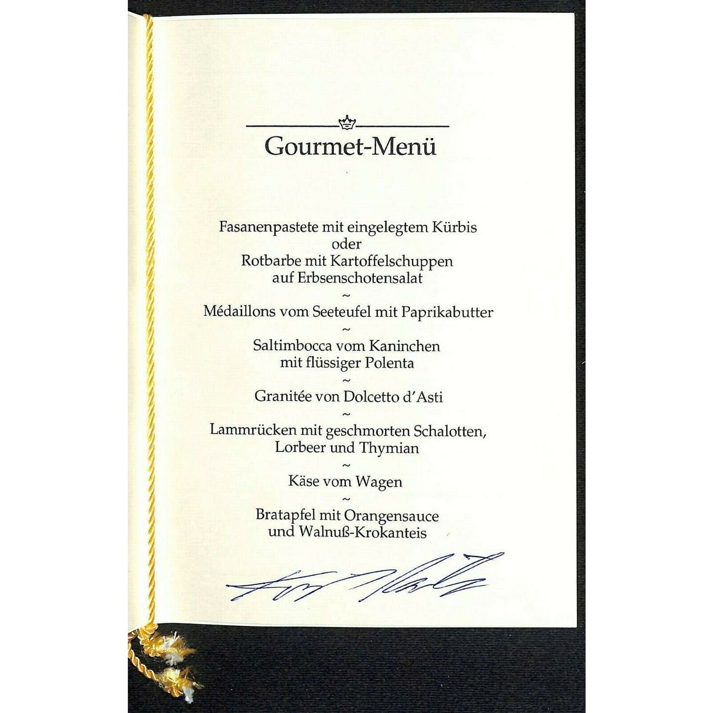 c1990's German Geisel Gourmet Menu w/ Ornamental Gold String (No Location)