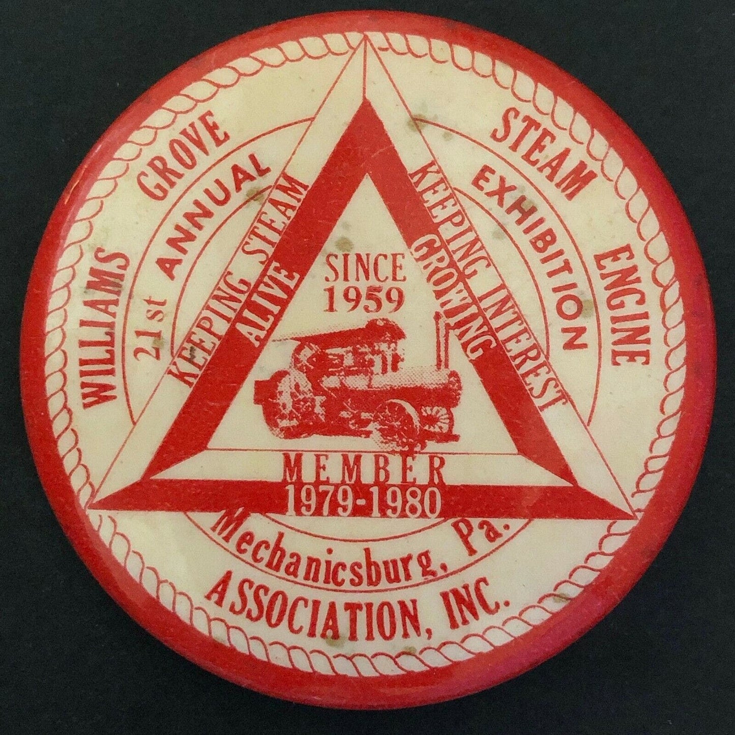 1979-80 Williams Grove Steam Engine Historical Mechanicsburg, PA Pin Back Button