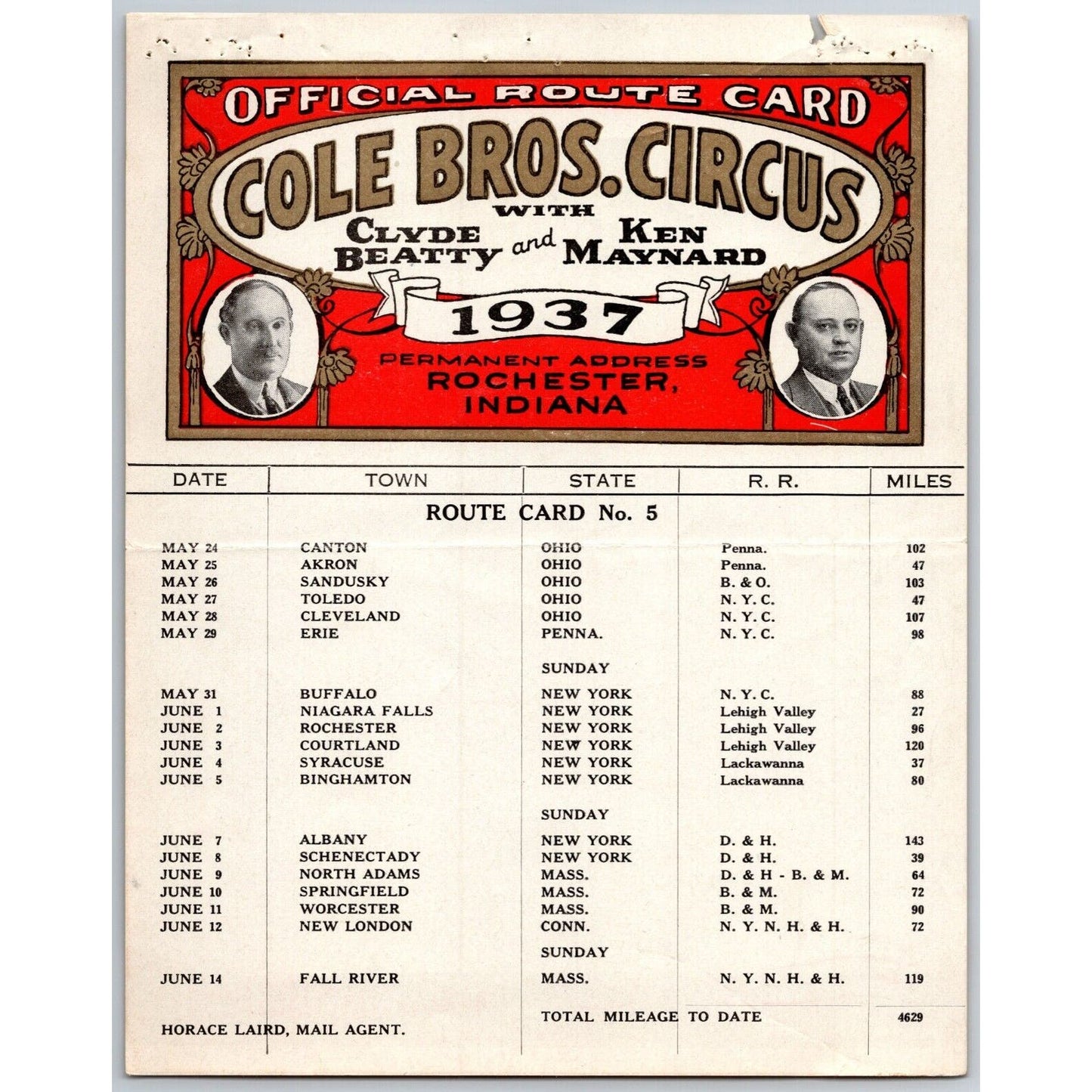 1937 Cole Bros with Clyde Beatty Ken Maynard Circus Route Card OH PA NY MA CT