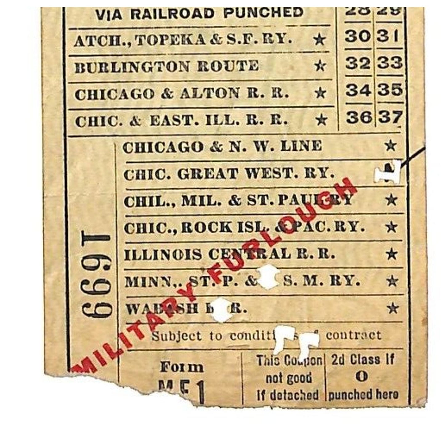 New York Central Railroad Ticket 1918 WWI "Military Furlough" Marshalltown, IA