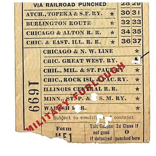 New York Central Railroad Ticket 1918 WWI "Military Furlough" Marshalltown, IA