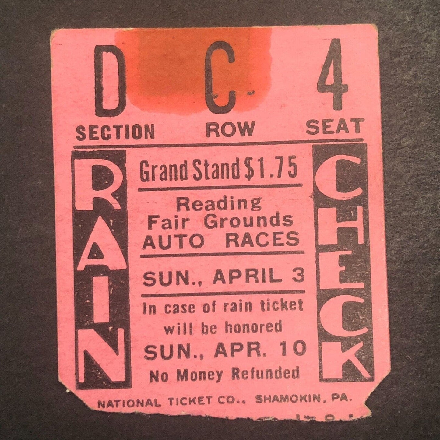 Reading Fair Speedway 4/3 c1950 Auto Racing Rain Check Ticket Stub