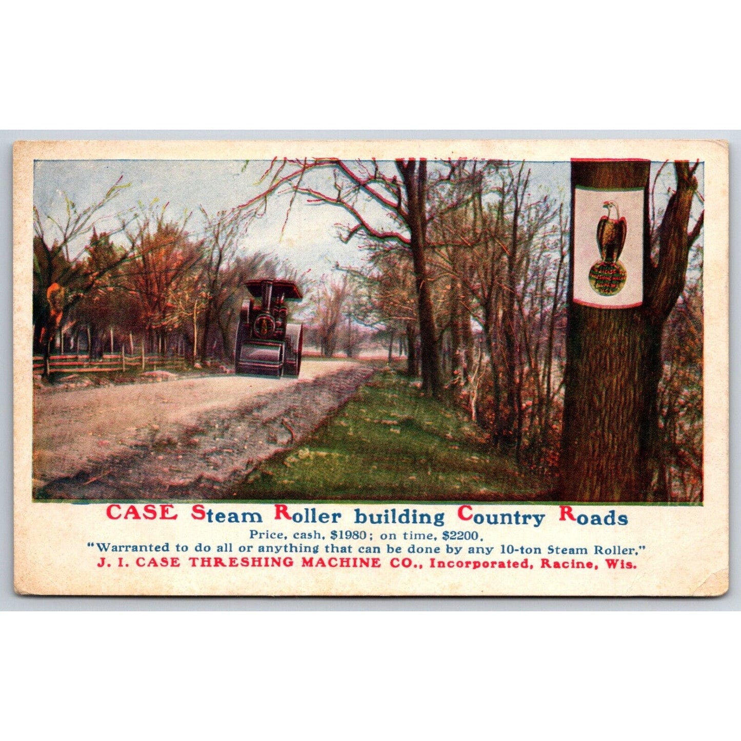 Case Threshing Machine Co. Steam Roller Road Advertising Postcard c1910's