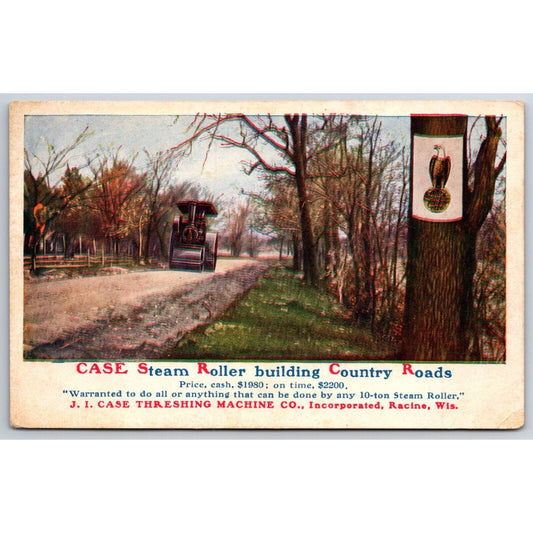 Case Threshing Machine Co. Steam Roller Road Advertising Postcard c1910's