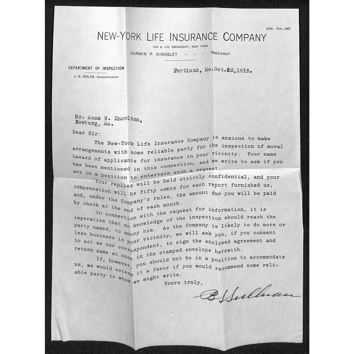 Newburgh, ME Amos W. Knowlton* 1915 New York Life Insurance Co. Letterhead ++