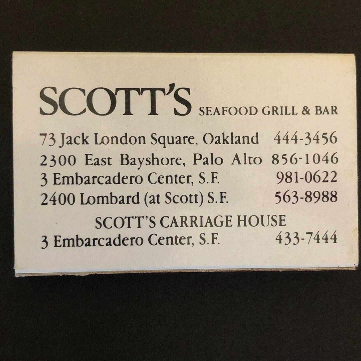 c1990 's Vintage Wooden Matchbox Matchbook "Scott's Seafood Grill" Oakland, CA
