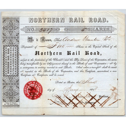 1848 Boston, MA Northern Railroad Stock Certificate No. 3517 for 5 Shares