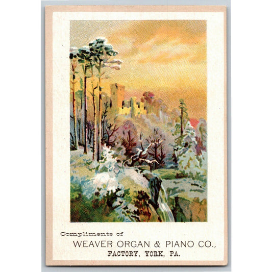 Weaver Organ & Piano Co. York, PA Victorian Trade Card Waterfall / Forest Scene