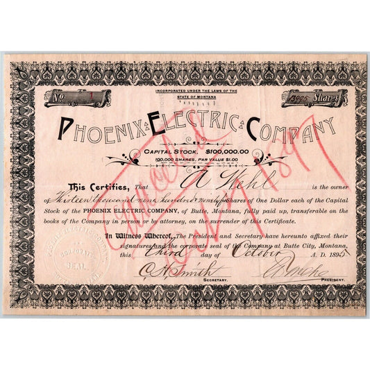Butte, MT "Phoenix Electric Company" 1895 Stock Certificate Issue #1 Scarce