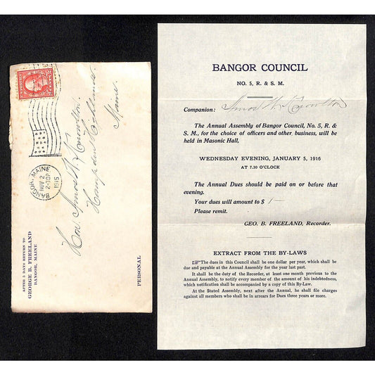 Hampden Highlands, ME Amos W. Knowlton* 1915 Bangor Knight's Templar Dues Notice